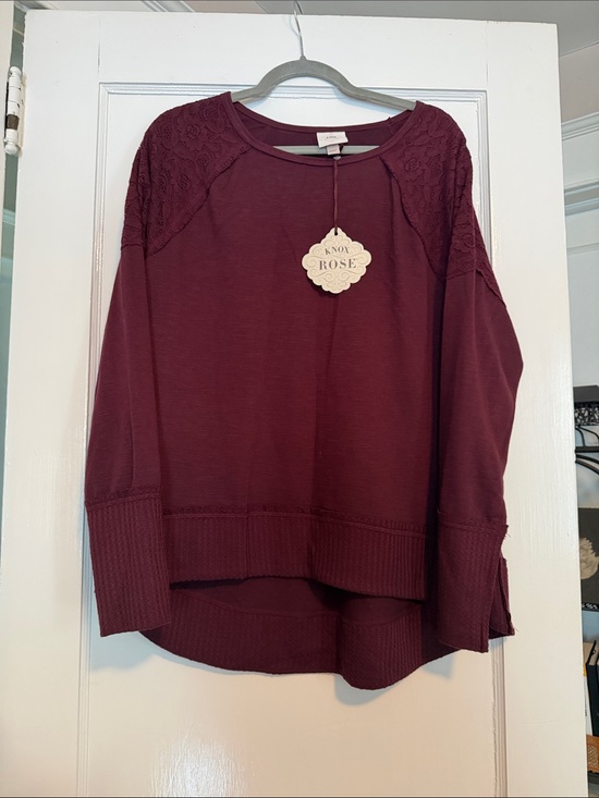 Knox Rose Tops - Knox Rose Burgundy Lace-Shoulder Long Sleeve Pullover